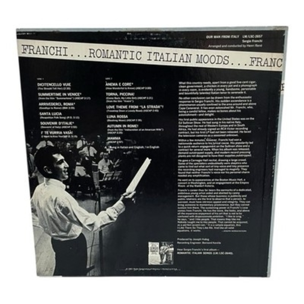 Sergio Franchi Our Man From Italy LP 1963 RCA Victor Red Seal Stereo VG+ - Picture 2 of 2
